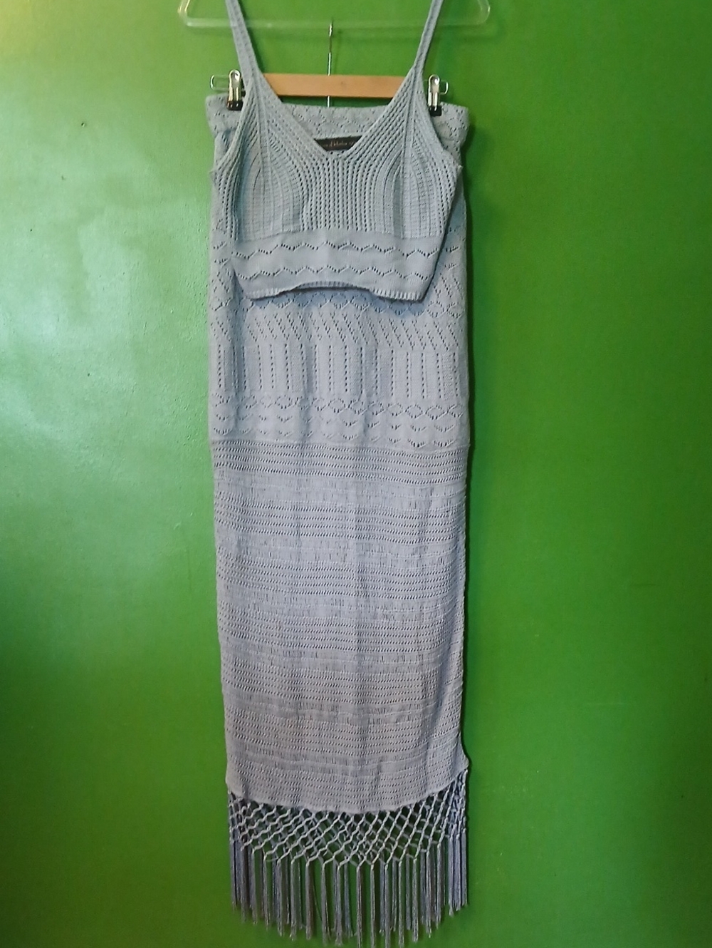 House Of Harlow 1960 Light Blue Crochet Fringe Crop Top Maxi Skirt Set
